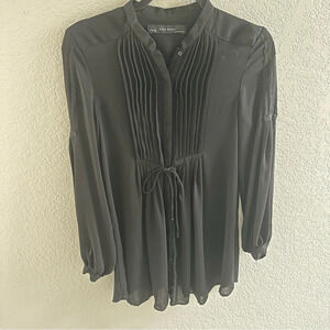 Zara black tie waist sheer long sleeve button down tunic dress shirt